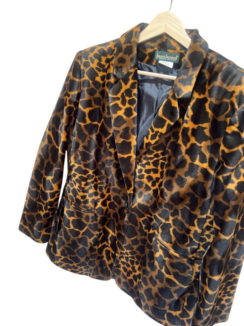 Harvé Benard Leopard Print Velvet Blazer Jacket Size 14 Vintage 90s Faux Fur Lin